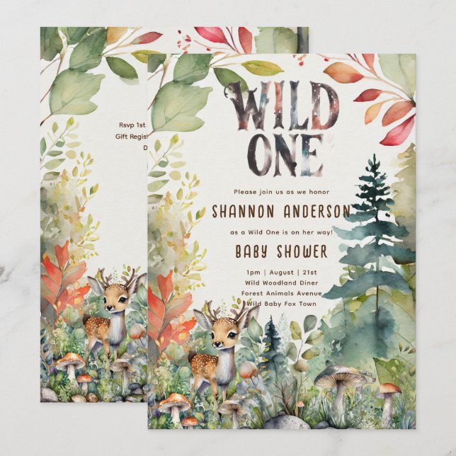 Wild One Baby Deer Woodland Animals Rustic Invitation (Front/Back)
