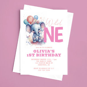 Wild One Baby Elephant 1st Birthday Invitation