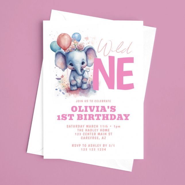 Wild One Baby Elephant 1st Birthday Invitation (Creator Uploaded)