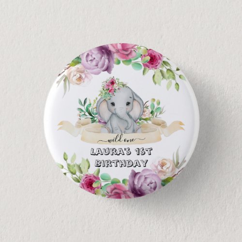 Wild One _ Baby Elephant and Flowers 1st Birthday Button