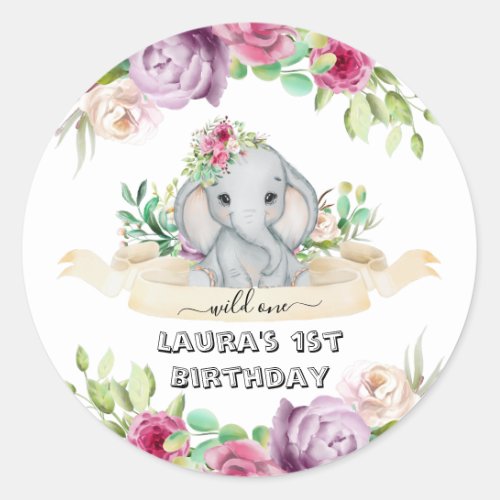 Wild One _ Baby Elephant and Flowers 1st Birthday  Classic Round Sticker