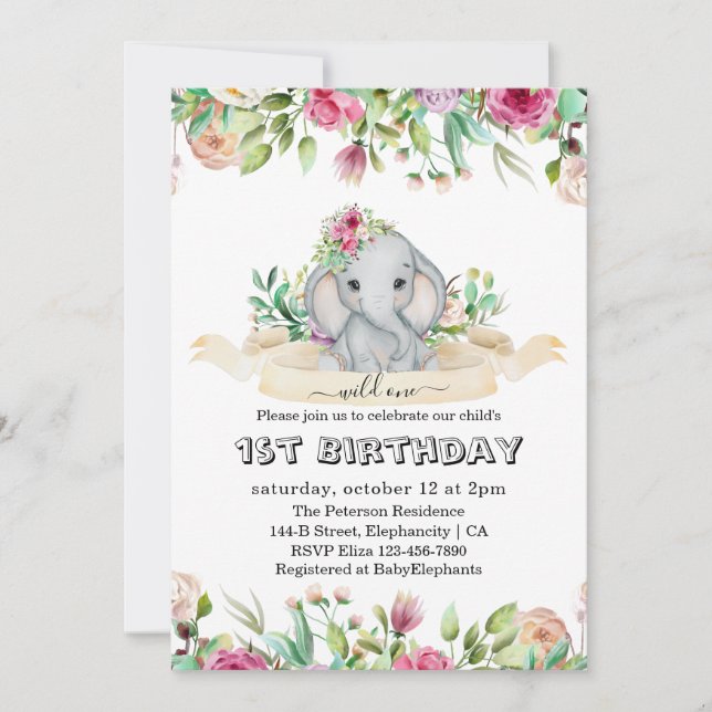 Wild One - Baby Elephant and Flowers 1st Birthday Invitation (Front)