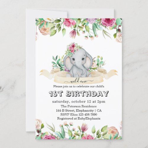 Wild One _ Baby Elephant and Flowers 1st Birthday Invitation