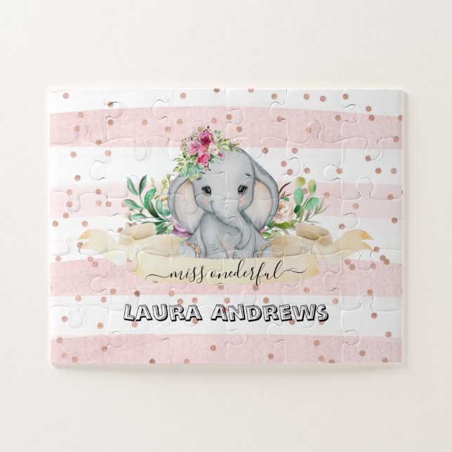 Wild One - Baby Elephant and Flowers 1st Birthday Jigsaw Puzzle (Horizontal)