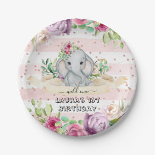 Wild One - Baby Elephant and Flowers 1st Birthday Paper Plates