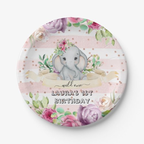 Wild One _ Baby Elephant and Flowers 1st Birthday Paper Plates