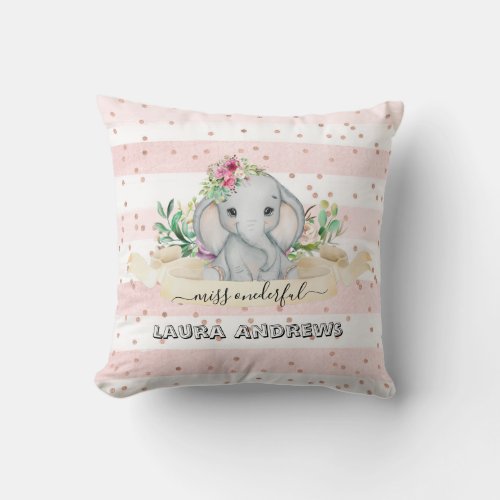 Wild One _ Baby Elephant and Flowers 1st Birthday  Throw Pillow