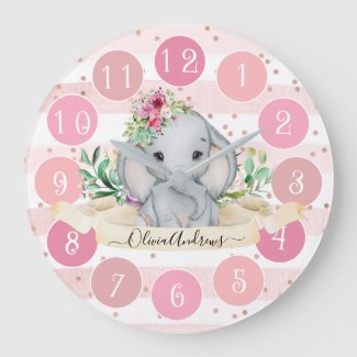 Wild One - Baby Elephant and Flowers Large Clock