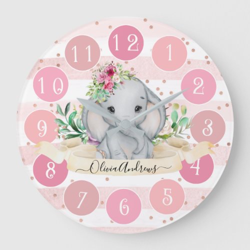 Wild One _ Baby Elephant and Flowers Large Clock