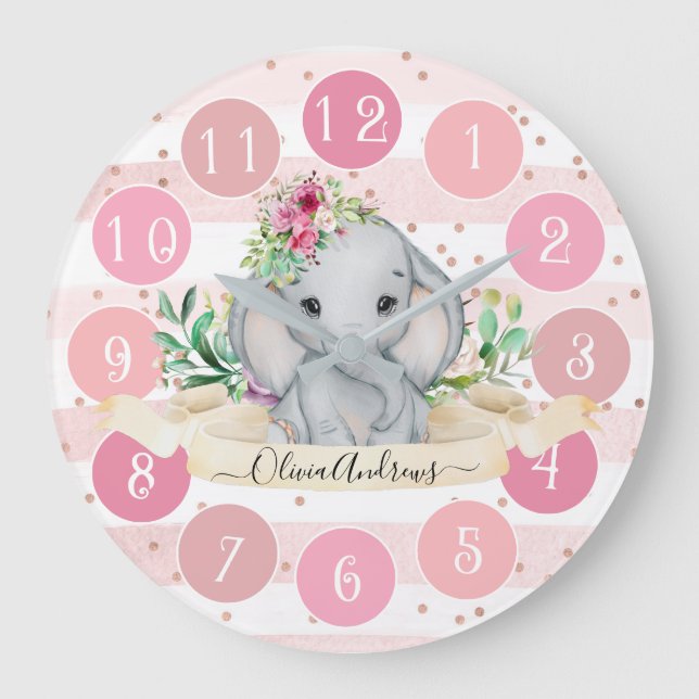 Wild One - Baby Elephant and Flowers Large Clock (Front)