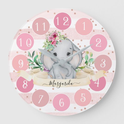 Wild One _ Baby Elephant and Flowers Large Clock