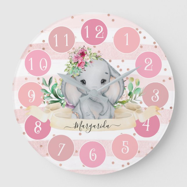 Wild One - Baby Elephant and Flowers Large Clock (Front)