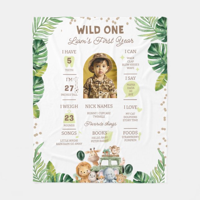 Wild One Baby First Year Milestone Sign  Fleece Blanket (Front)