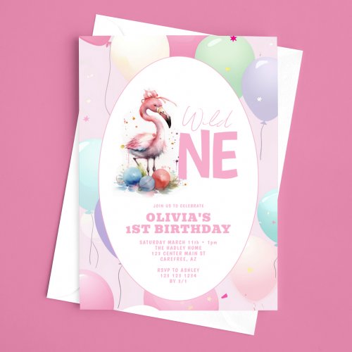 Wild One Baby Flamingo 1st Birthday Invitation