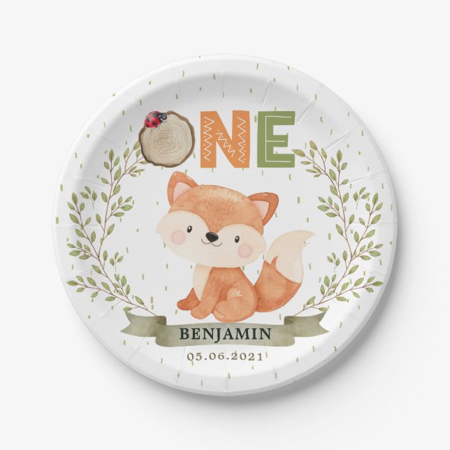Wild One Baby Fox 1st Birthday Paper Plate (Front)
