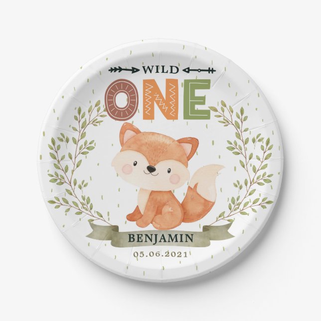 Wild One Baby Fox 1st Birthday Paper Plate (Front)