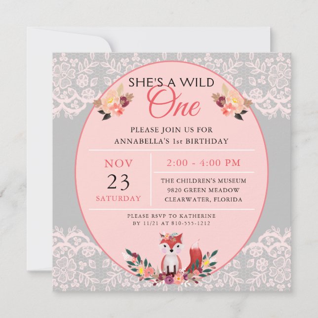 Wild ONE Baby Girl Fox Flowers & Lace  Invitation (Front)