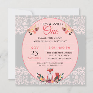 Wild ONE Baby Girl Fox Flowers & Lace Invitation