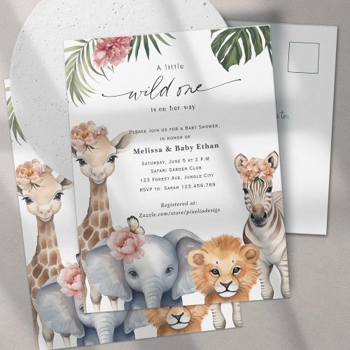 Wild One Baby Girl Shower Cute Safari Themed Invitation Postcard