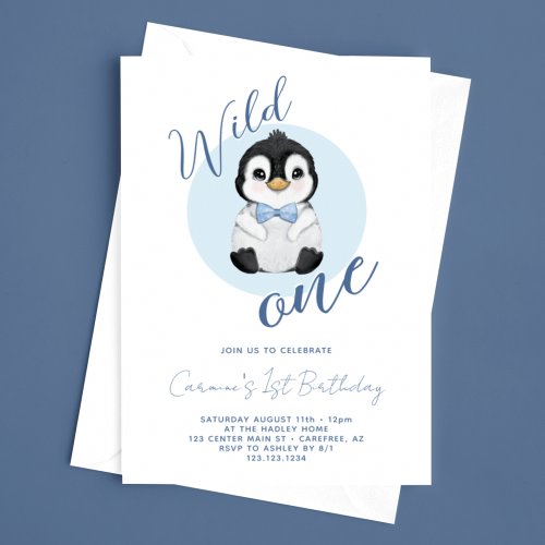 Wild One Baby Penguin 1st Birthday Invitation