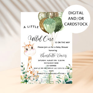 Wild one baby shower giraffe jungle balloons invitation