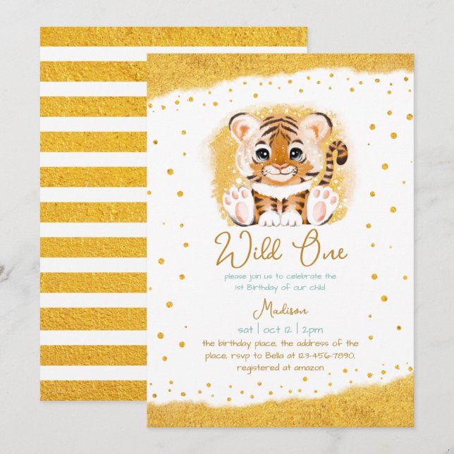 Wild One Baby Tiger Child Cute First Birthday Invitation (Front/Back)
