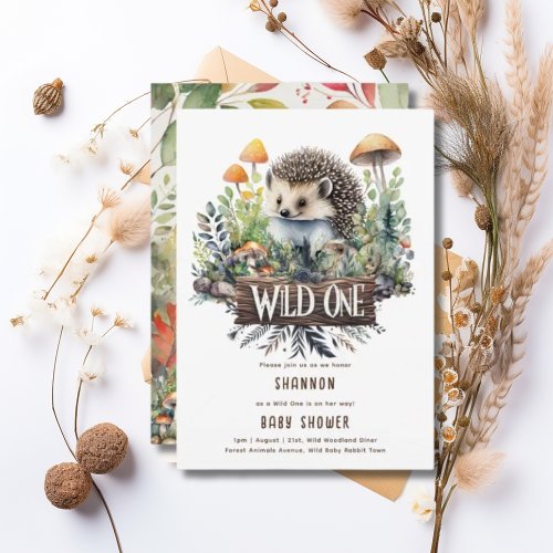 Wild One Baby Woodland Animals Hedgehog Rustic Invitation