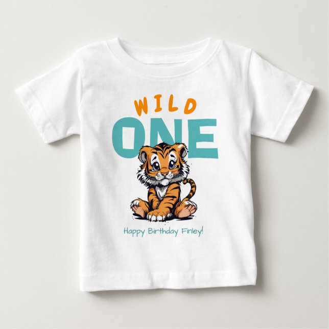 Wild ONE Baby's 1st Birthday Cute Tiger and Name Baby T-Shirt (Front)