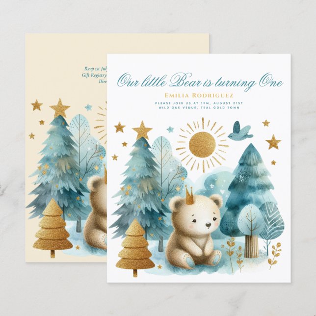 Wild One Bear 1st Birthday (or EDIT AGE) Teal Gold (Front/Back)