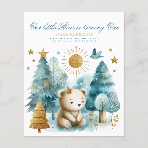 Wild One Bear 1st Birthday (or EDIT AGE) Teal Gold