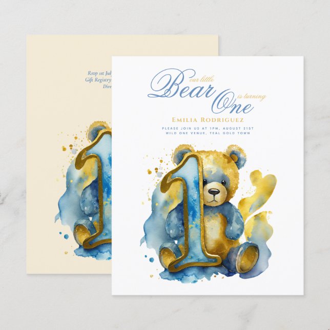 Wild One Bear 1st Birthday (or EDIT AGE) Teal Gold (Front/Back)
