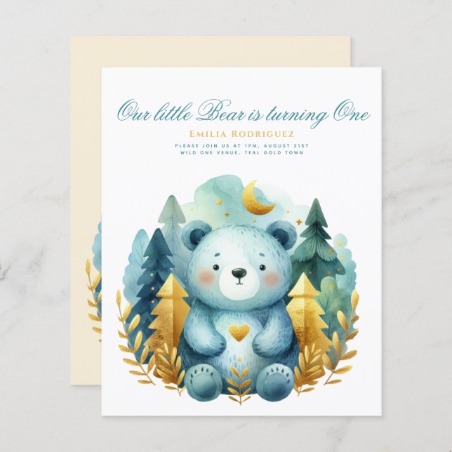 Wild One Bear 1st Birthday (or EDIT AGE) Teal Gold (Front/Back)