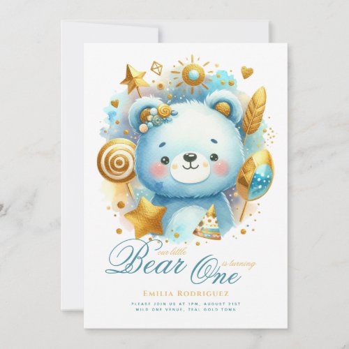 Wild One Bear 1st Birthday (or EDIT AGE) Teal Gold Invitation