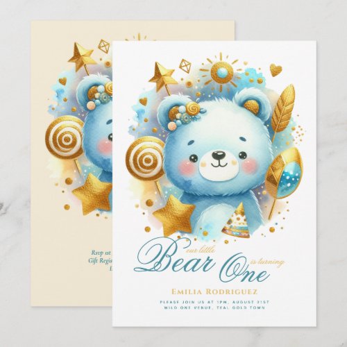 Wild One Bear 1st Birthday (or EDIT AGE) Teal Gold Invitation