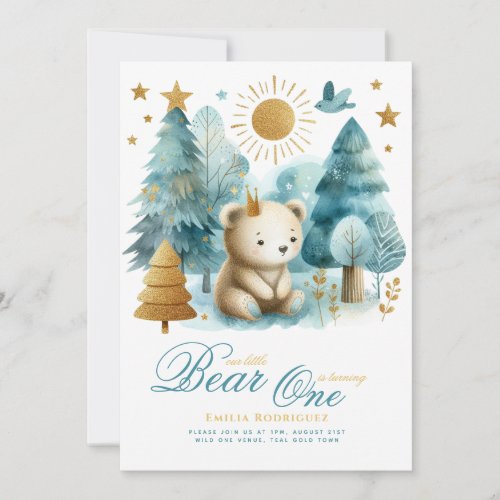 Wild One Bear 1st Birthday (or EDIT AGE) Teal Gold Invitation
