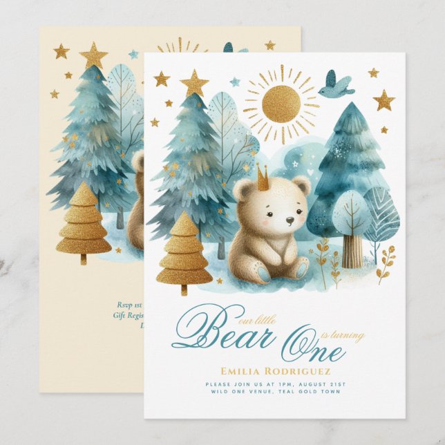 Wild One Bear 1st Birthday (or EDIT AGE) Teal Gold Invitation (Front/Back)