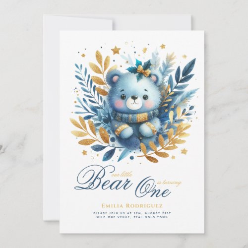 Wild One Bear 1st Birthday (or EDIT AGE) Teal Gold Invitation