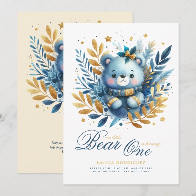 Wild One Bear 1st Birthday (or EDIT AGE) Teal Gold Invitation (Front/Back)
