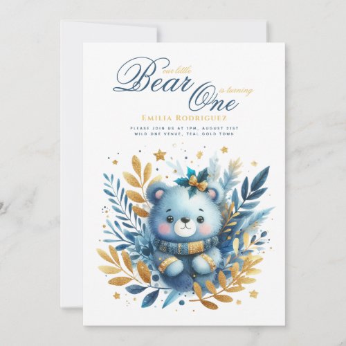 Wild One Bear 1st Birthday (or EDIT AGE) Teal Gold Invitation