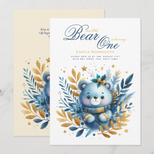 Wild One Bear 1st Birthday (or EDIT AGE) Teal Gold Invitation