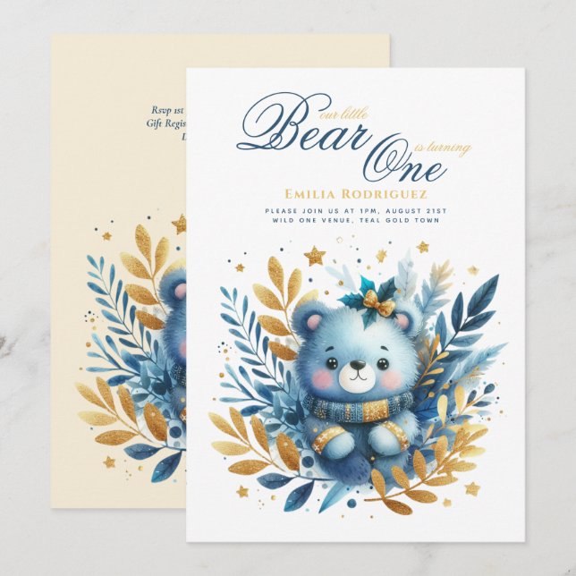 Wild One Bear 1st Birthday (or EDIT AGE) Teal Gold Invitation (Front/Back)