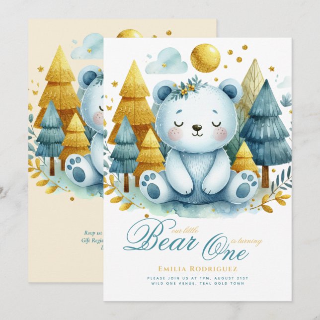Wild One Bear 1st Birthday (or EDIT AGE) Teal Gold Invitation (Front/Back)