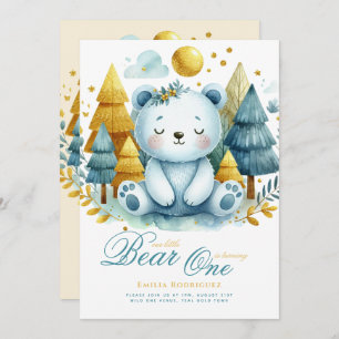 Wild One Bear 1st Birthday (or EDIT AGE) Teal Gold Invitation
