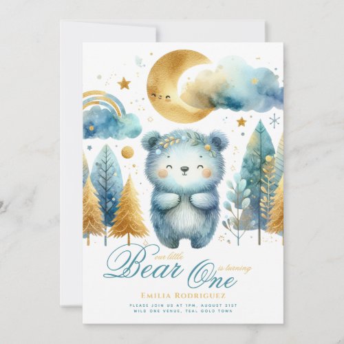 Wild One Bear 1st Birthday (or EDIT AGE) Teal Gold Invitation