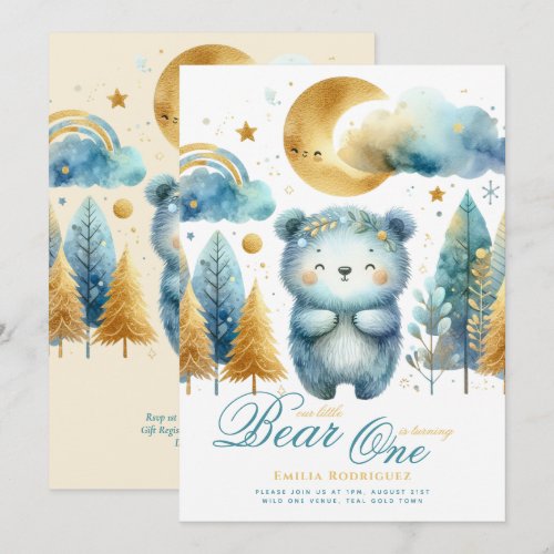 Wild One Bear 1st Birthday (or EDIT AGE) Teal Gold Invitation