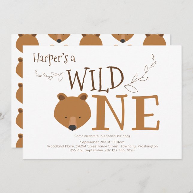 Wild One Bear Animal First Birthday Invitation (Front/Back)