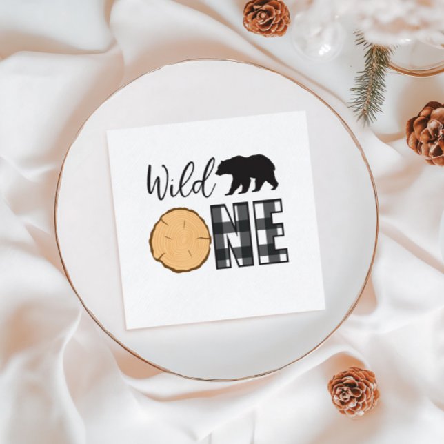 Wild One Bear black Buffalo Plaid First Birthday Napkins (Creator Uploaded)