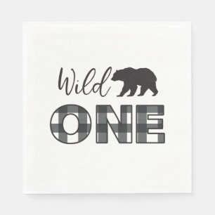 Wild One Bear Black Buffalo Plaid First Birthday Napkins