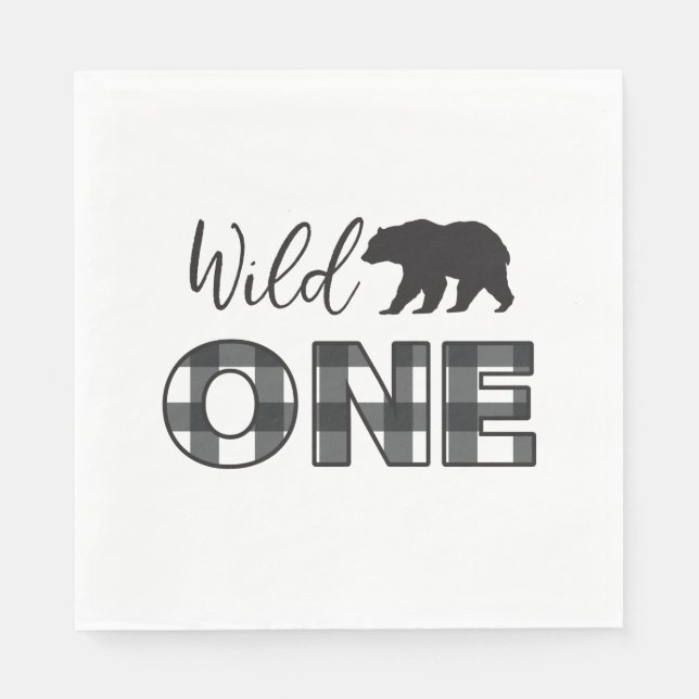 Wild One Bear Black Buffalo Plaid First Birthday Napkins (Front)