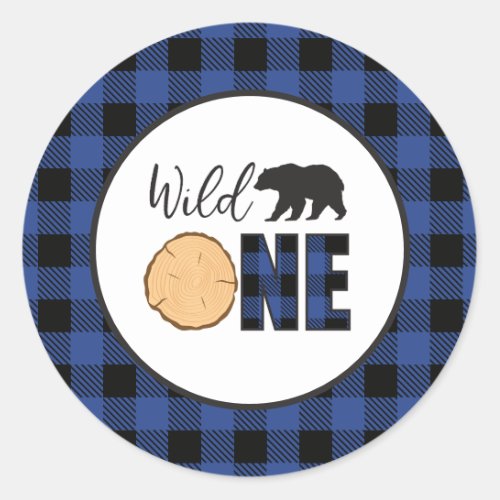Wild One Bear blue Buffalo Plaid First Birthday Classic Round Sticker